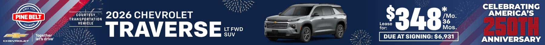 2026 Chevrolet Traverse lease for $348 per month for 36 months with $6,931 due at signing