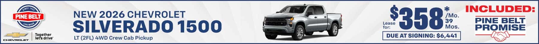 2026 Chevrolet Silverado lease for $358 per month for 36 months with $6,441 due at signing