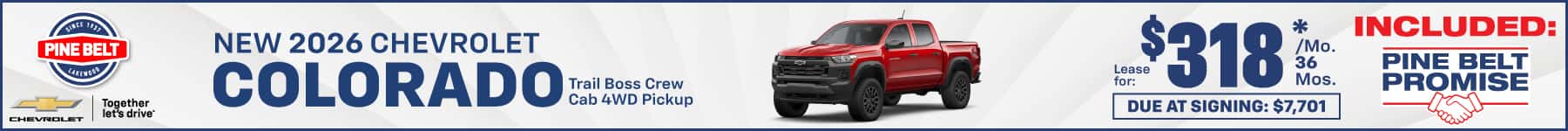 2026 Chevrolet Colorado lease for $318 per month for 24 months with $7,701 due at signing