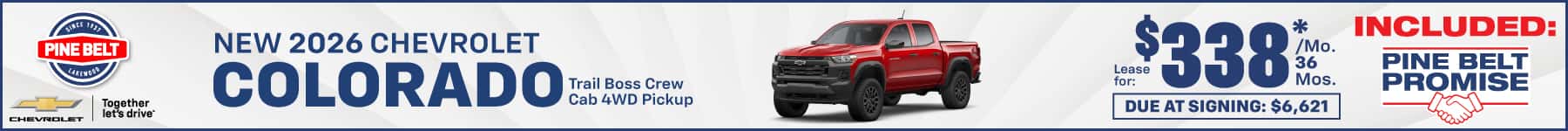 2026 Chevrolet Colorado lease for $338 per month for 24 months with $6,621 due at signing