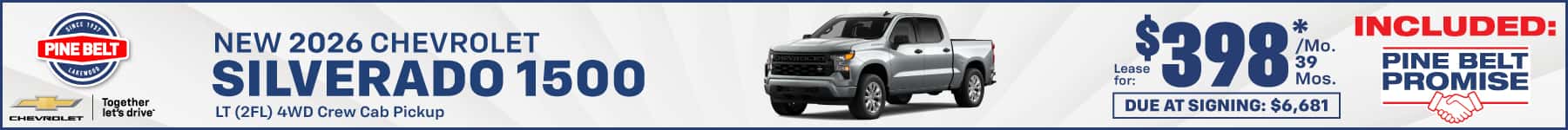 2026 Chevrolet Silverado lease for $398 per month for 36 months with $6,681 due at signing