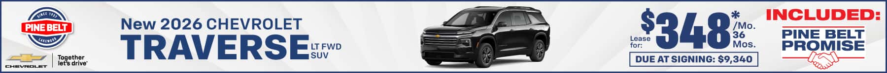 2026 Chevrolet Traverse lease for $348 per month for 36 months with $9,340 due at signing