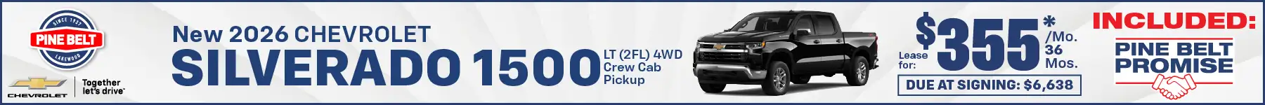 2026 Chevrolet Silverado lease for $355 per month for 36 months with $6,638 due at signing