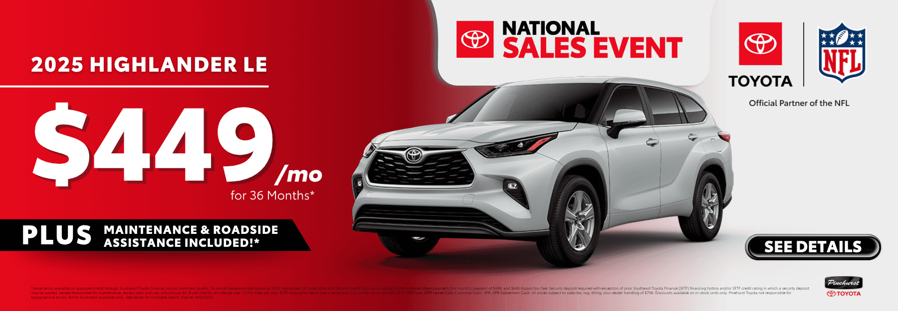 2025 Toyota Highlander LE - $449/mo for 36 Months* with disclaimer