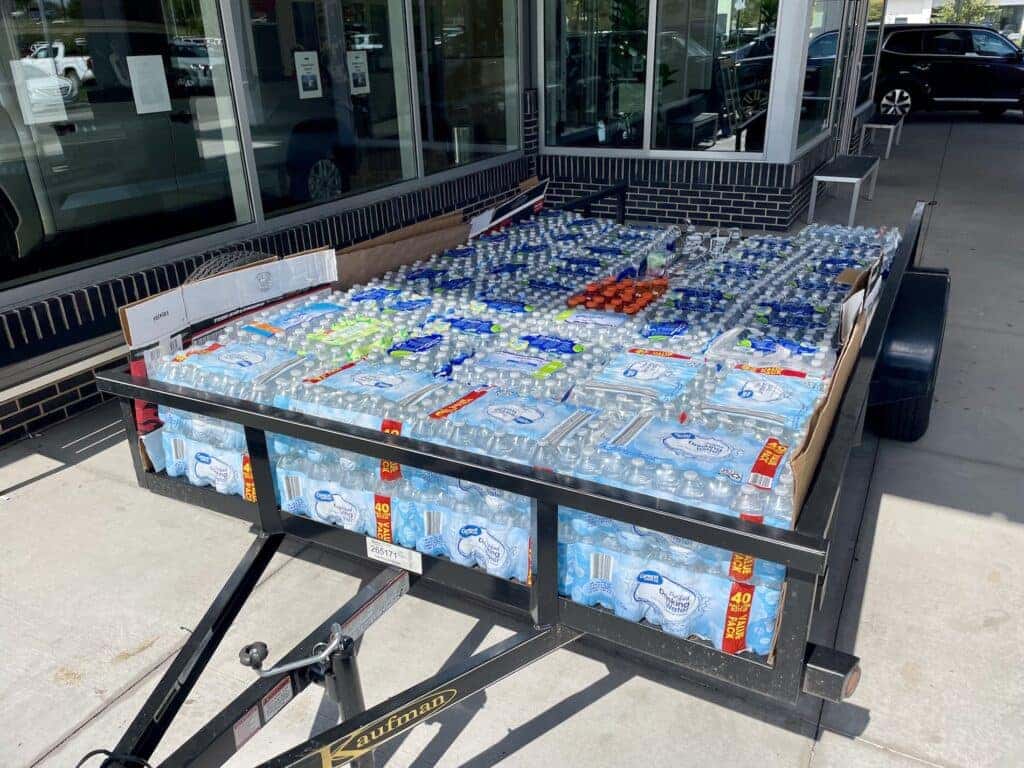Trailer full of cases of water