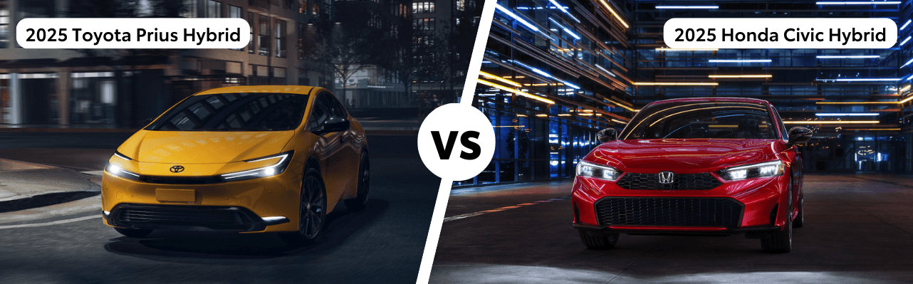2025 Toyota Prius in Karashi and a red 2025 Honda Civic Hybrid with versus text in center