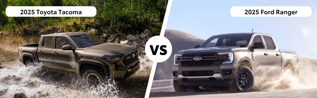 Toyota Tacoma splashing in a stream and a Ford Ranger drifting on sand with versus text between the two