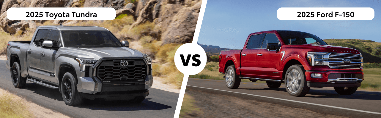 Silver Toyota Tundra and Red Ford F-150 with versus text in center