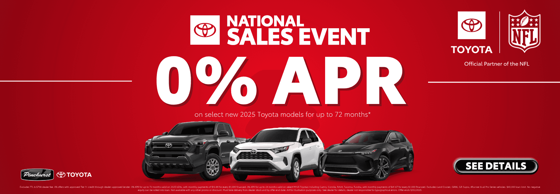0% APR on select new 2025 Toyota models for up to 72 months with disclaimer