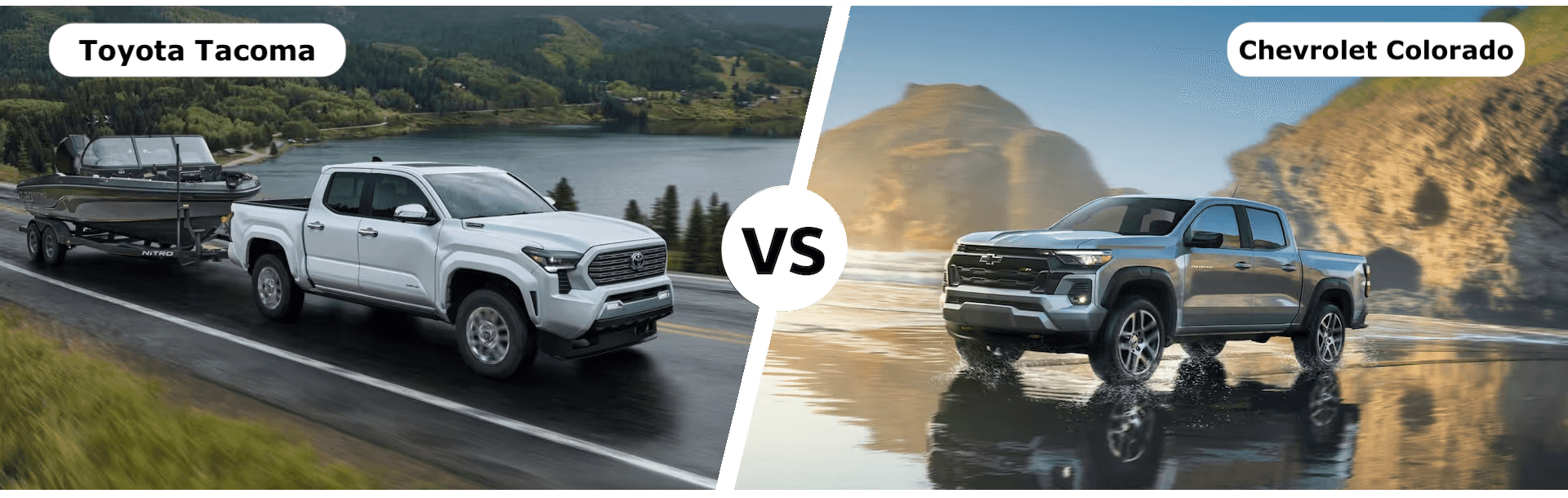 Toyota Tacoma towing a boat and a silver Chevrolet Colorado driving on a beach with versus text in center