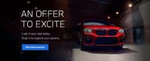 red bmw parked with an offer to excite text