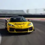 front view of the 2025 yellow Chevrolet Corvette ZR1 on a racetrack