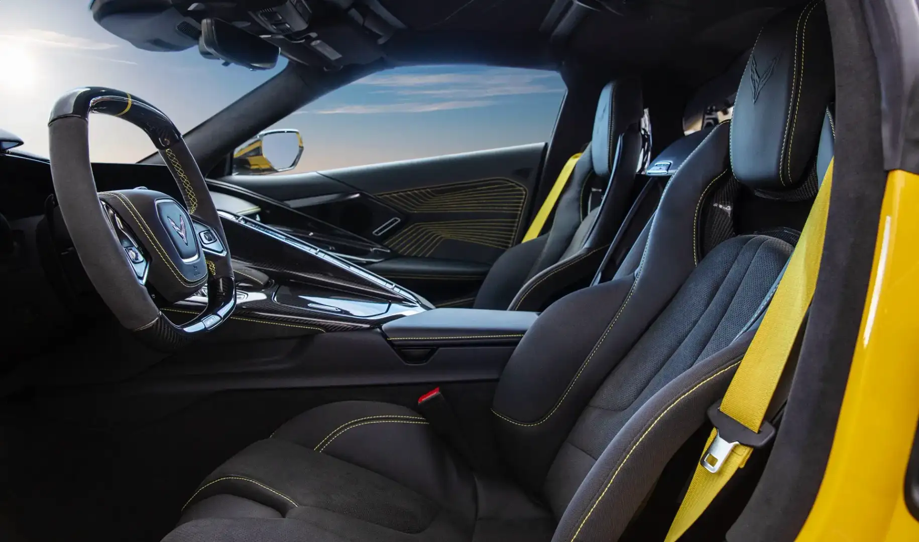Interior view of the drivers seat in the 2025 Chevrolet Corvette ZR1 with yellow detailing
