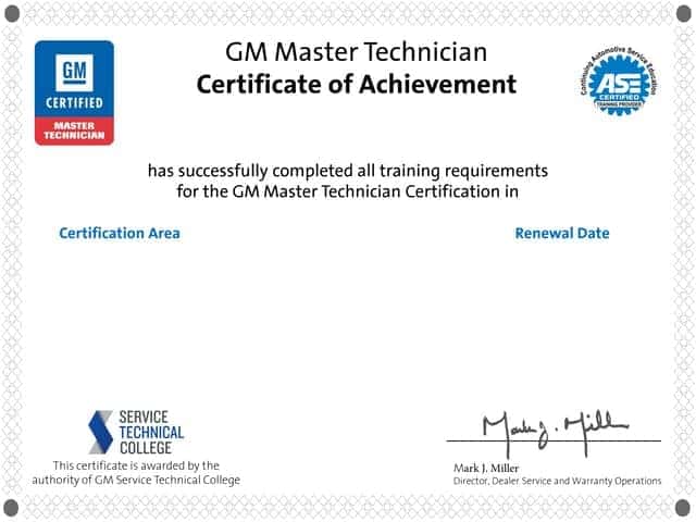 GM Master Technician Certificate of Achievement Award