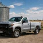 2026 Chevrolet Silverado 1500 work truck parked at a grain bin on a Codington County South Dakota farmstead