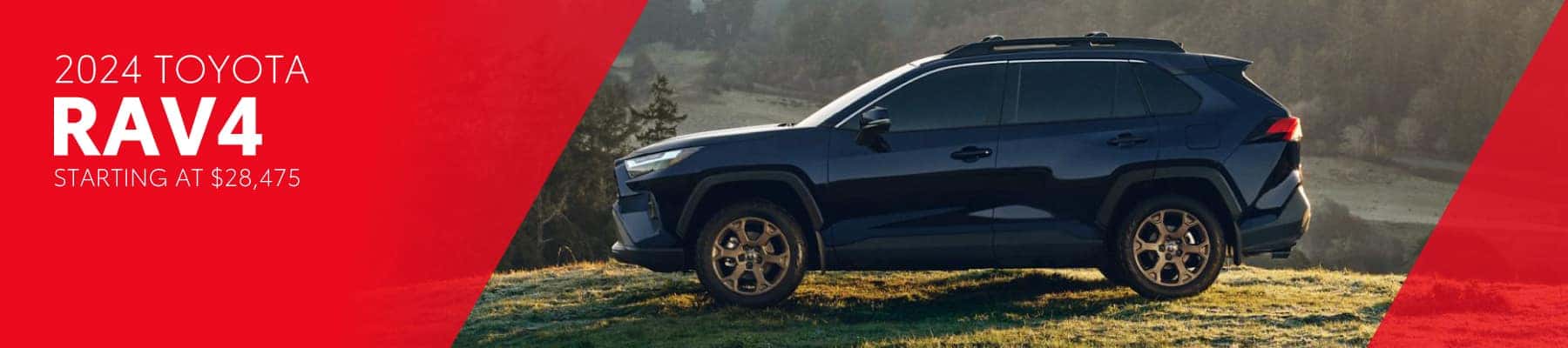 An image of the 2024 Toyota RAV4, the left side of the screen is red with white overlaid text: '2024 Toyota RAV4’