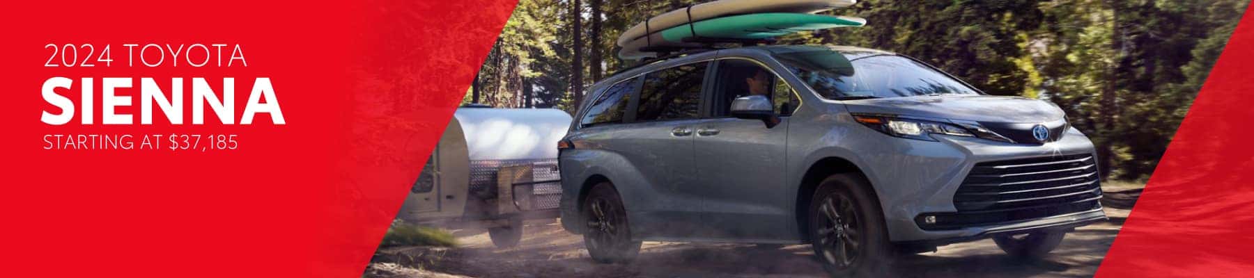 An image of the 2024 Toyota Sienna, the left side of the screen is red with white overlaid text: '2024 Toyota SIENNA starting at $34,710'