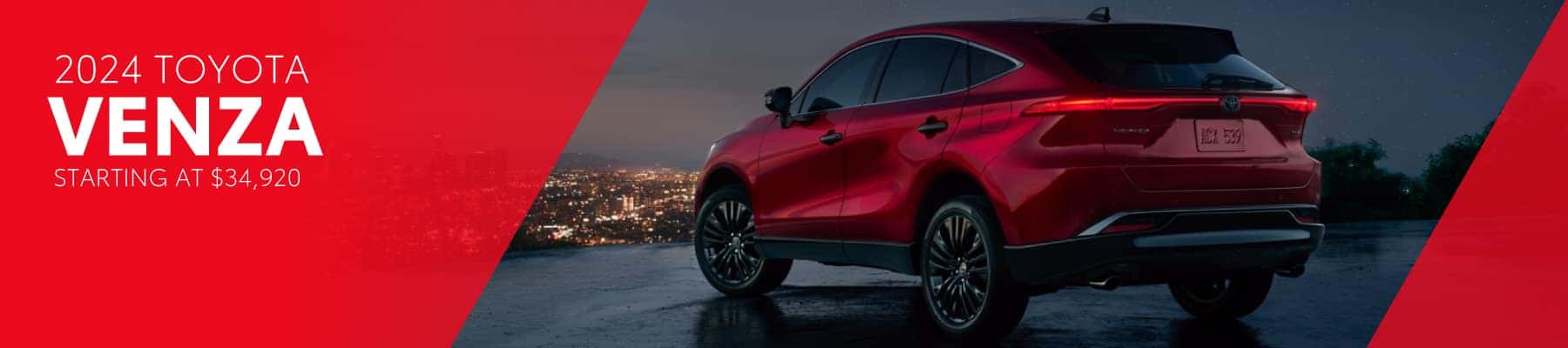 An image of the 2024 Toyota Venza, the left side of the screen is red with white overlaid text: '2024 Toyota VENZA’