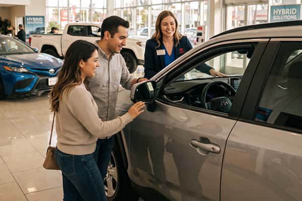 Couple exploring Toyota in showroom