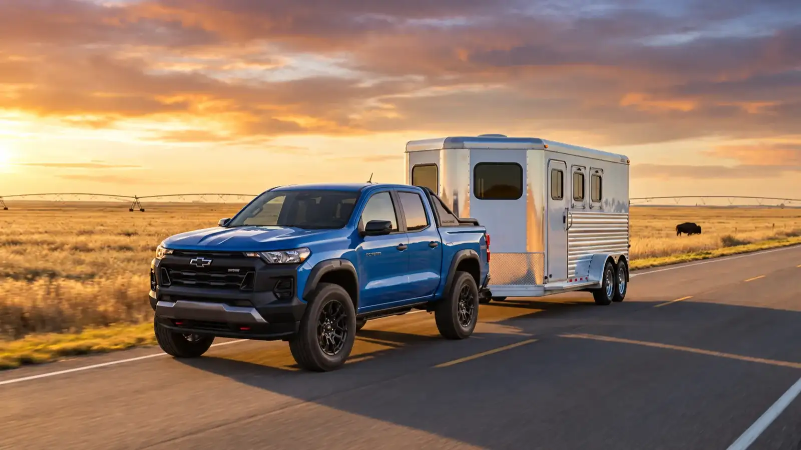 Chevrolet Colorado towing a small horse trailer near Sheridan Wyoming