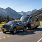 A GMC Sierra 1500 bumper pulling a camper in the colorado mountains
