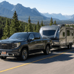 A GMC Sierra 1500 towing a camper in the Colorado mountains