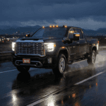 The Sierra 2500HD driving in rainy night time conditions.