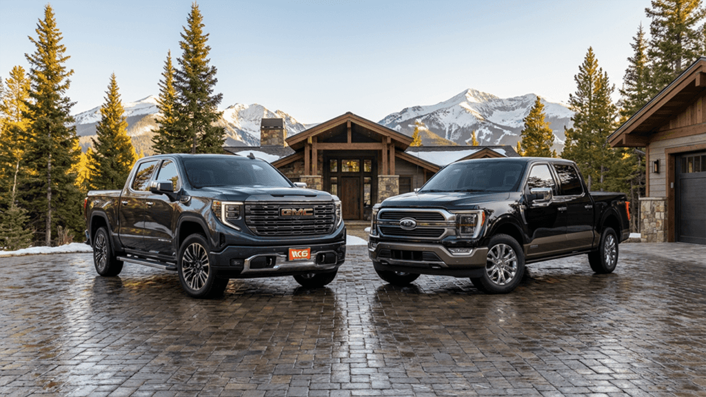 A GMC Sierra 1500 Denali Ultimate next to a Ford F150 Platinum in the Colorado Mountains