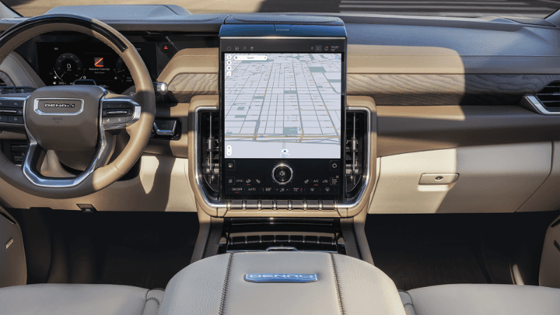 2026 GMC Yukon 16.8-inch infotainment touchscreen displaying Google Maps