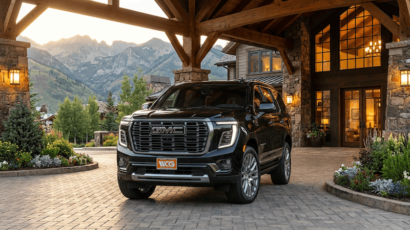 2026 GMC Yukon Denali Ultimate in front of ultra-luxury mountain estate and ski resort in Colorado