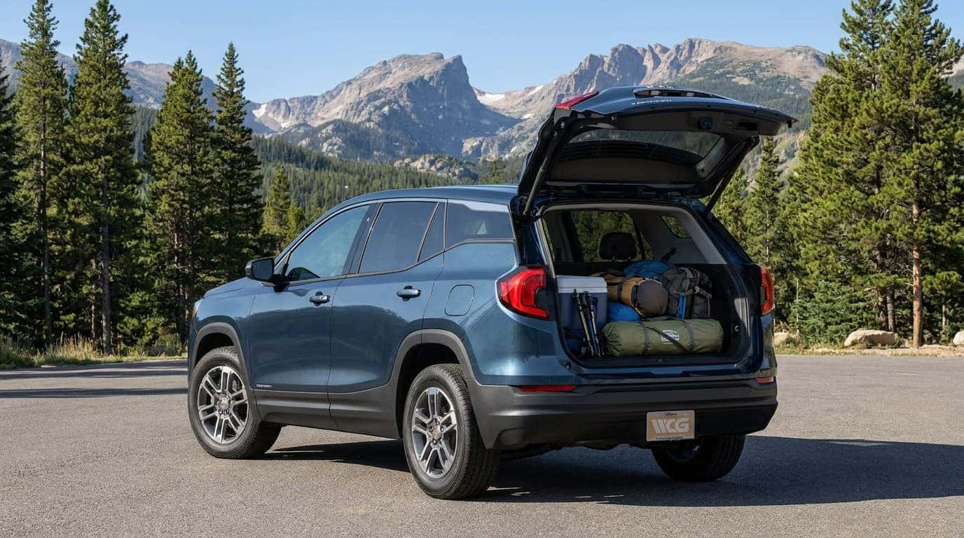 2026 GMC Terrain cargo capability with open liftgate showing spacious cargo area