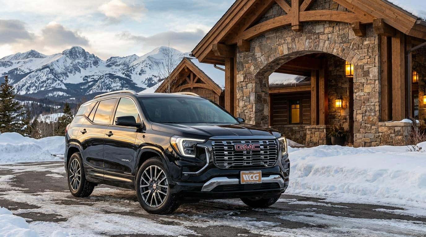 2026 GMC Terrain Denali exterior with Vader Chrome accents at Colorado ski lodge