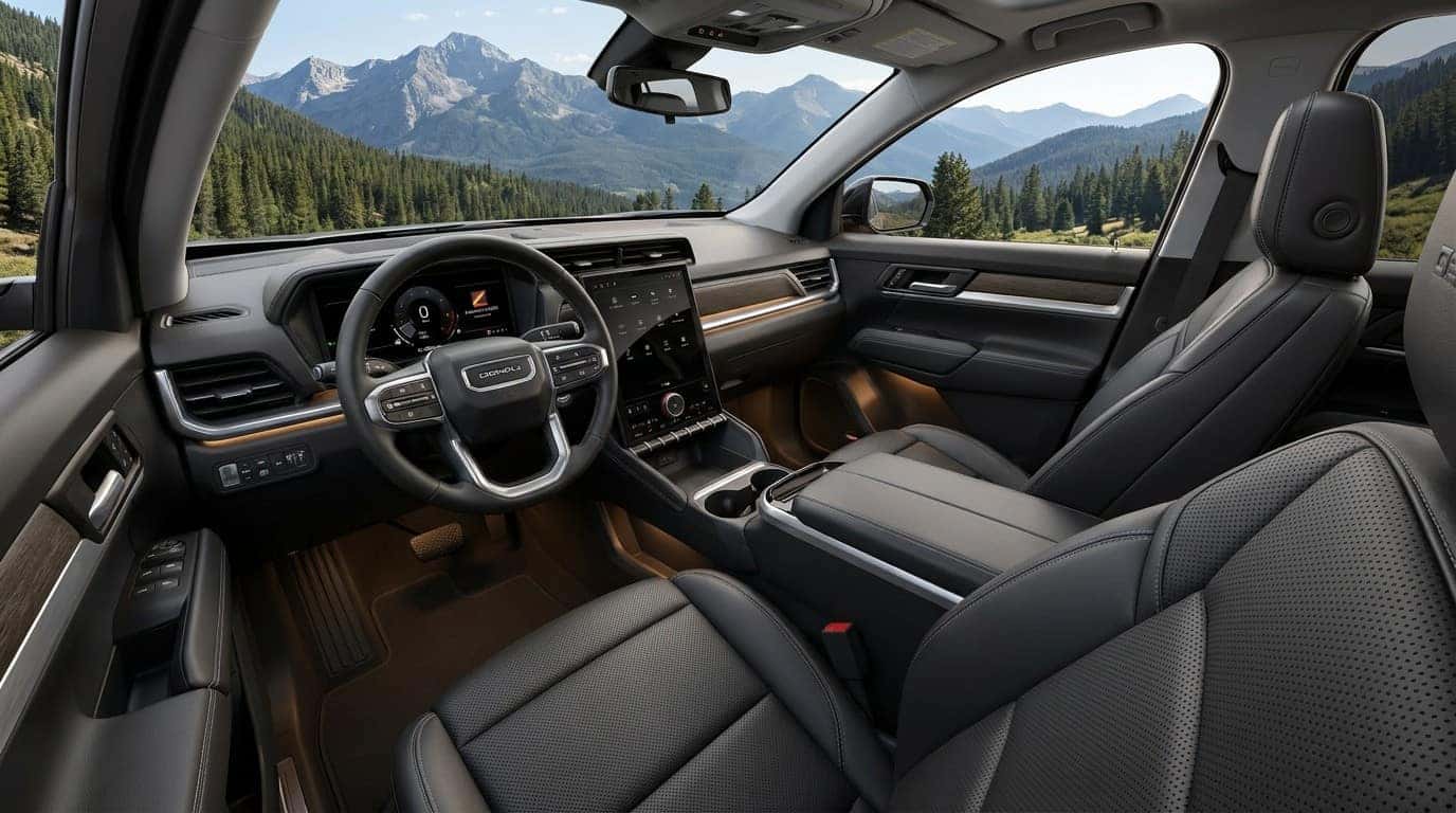 2026 GMC Terrain Denali interior with leather and Colorado mountain view