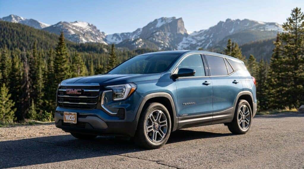 2026 GMC Terrain engine performance exterior with turbo badge Colorado mountain