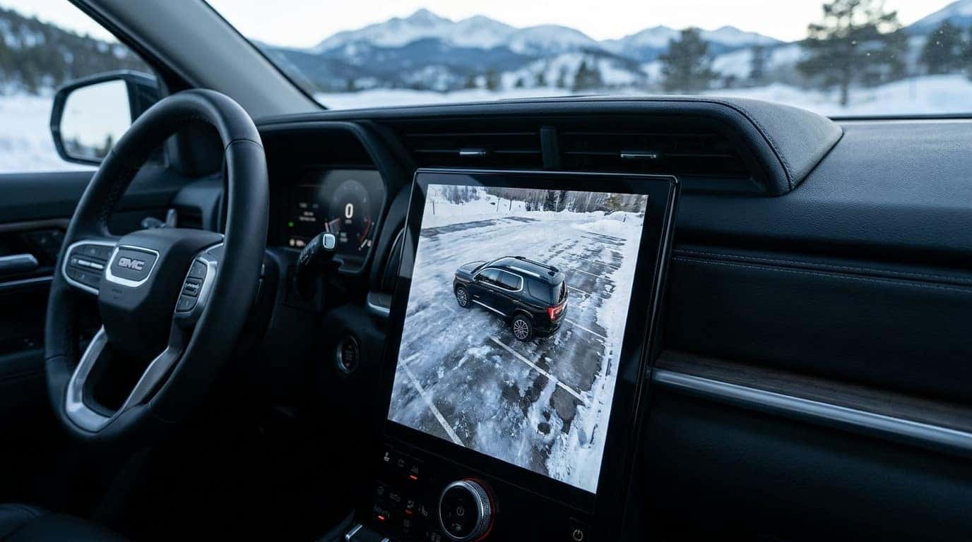 2026 GMC Terrain HD Surround Vision camera system on icy parking lot