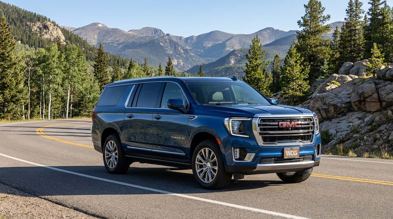 2026 GMC Yukon XL Colorado Buyer's Guide hero image on a Colorado mountain road near Greeley