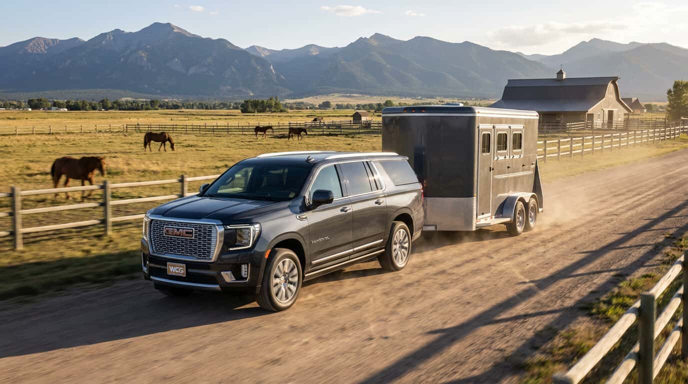 2026 GMC Yukon XL towing a horse trailer on a Northern Colorado ranch road