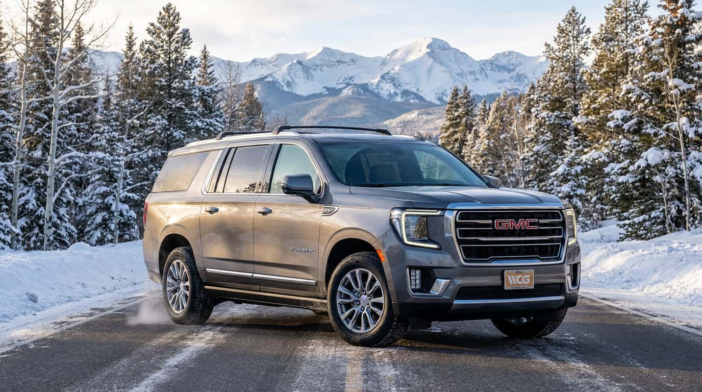 2026 GMC Yukon XL on a snowy Colorado mountain road in winter