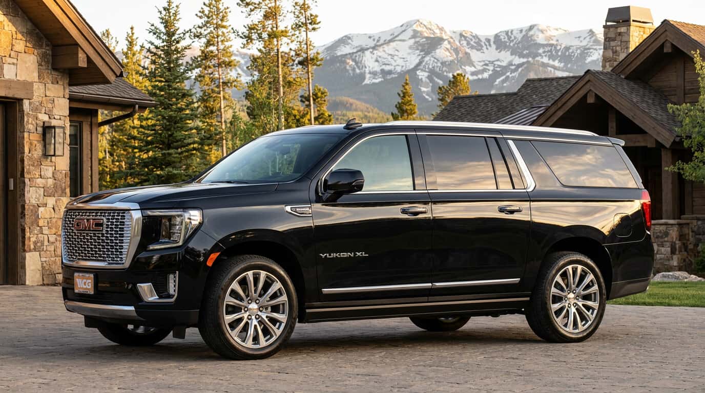 2026 GMC Yukon XL Denali Ultimate exterior profile showing extended wheelbase in the Colorado Rockies