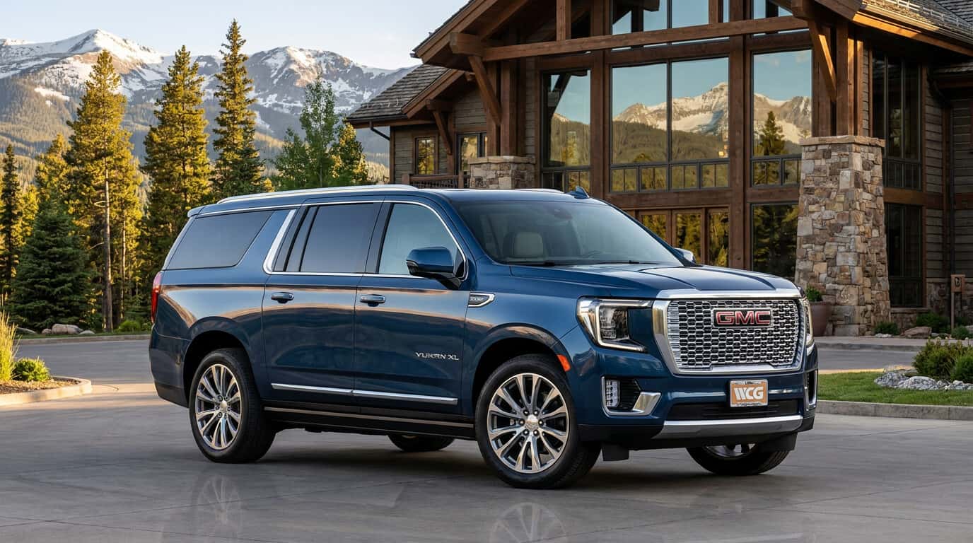 2026 GMC Yukon XL Denali Ultimate in front of an ultra-luxury mountain estate and ski resort in Colorado