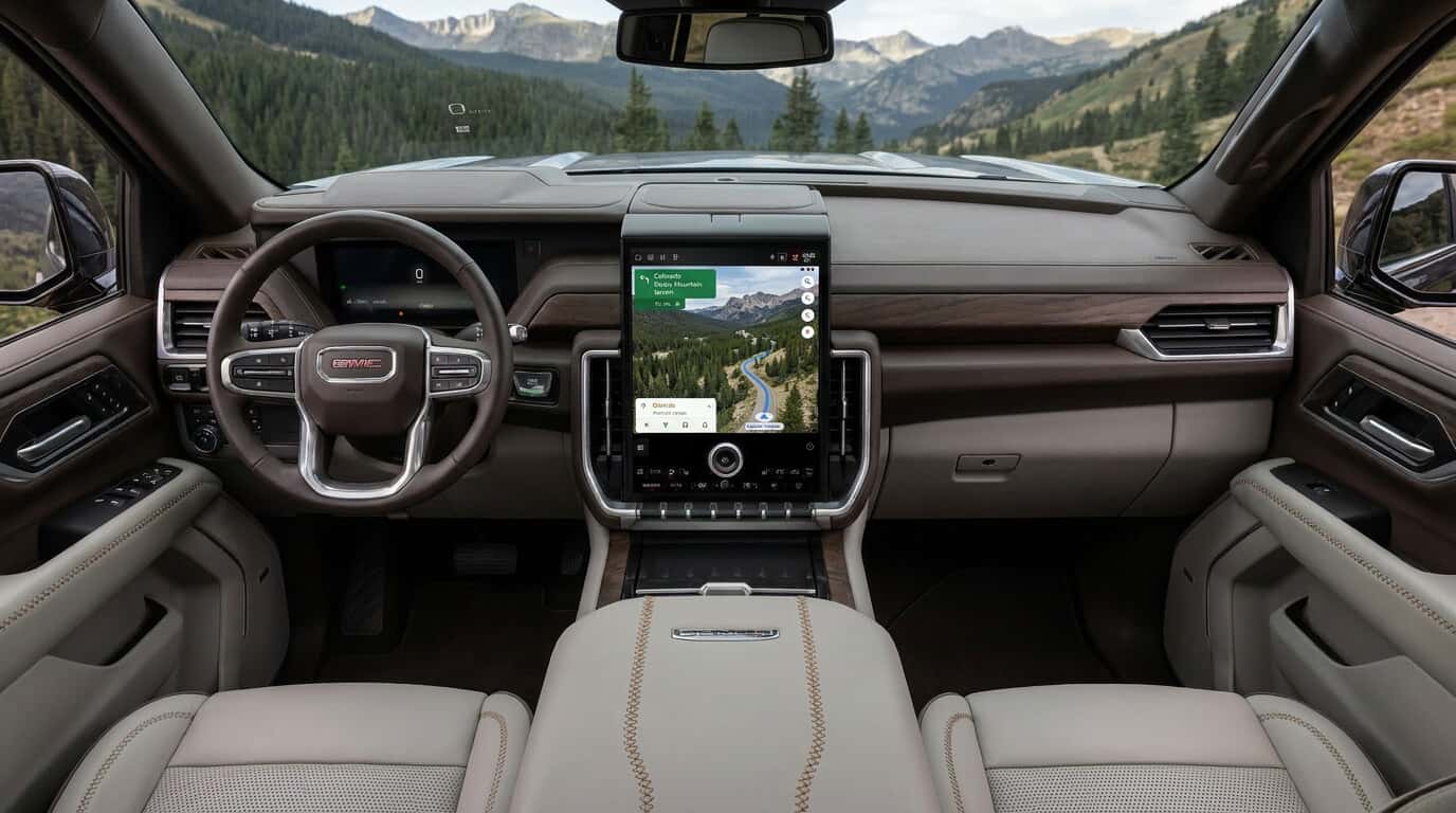 2026 GMC Yukon XL 16.8-inch infotainment touchscreen displaying Google Maps navigation