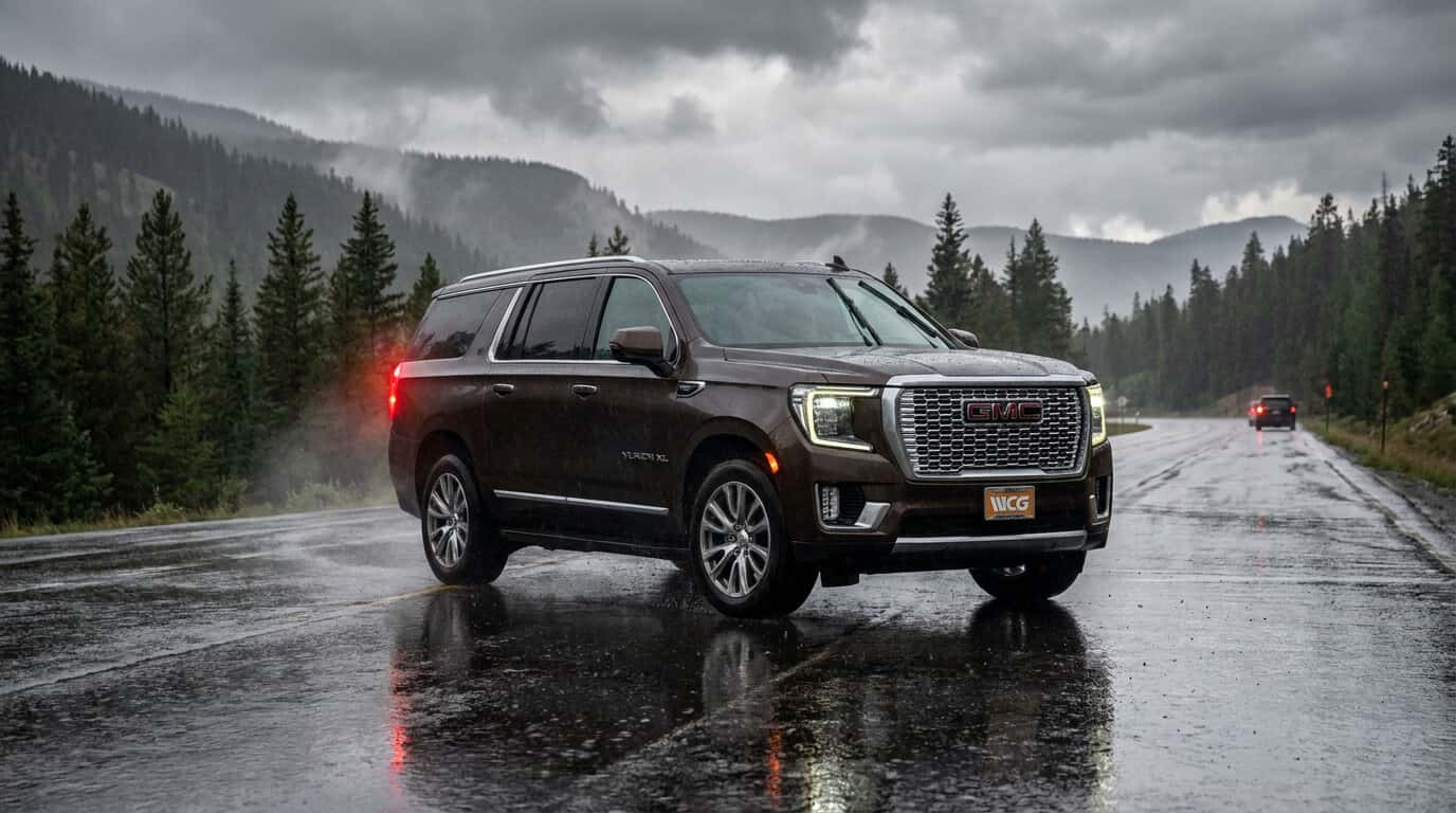 2026 GMC Yukon XL Automatic Emergency Braking on a wet Colorado road