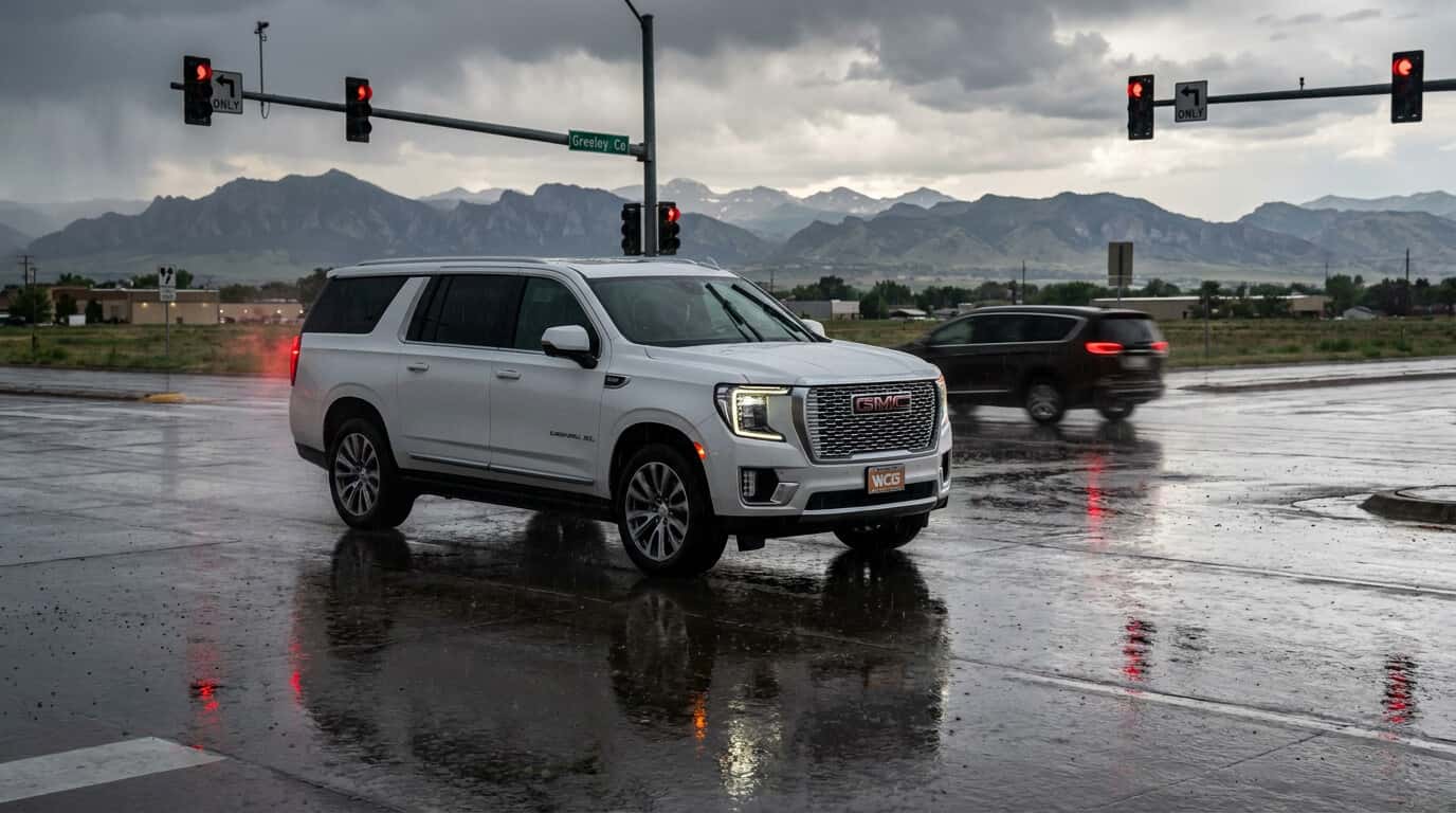 2026 GMC Yukon XL Intersection Automatic Emergency Braking at a wet Greeley intersection