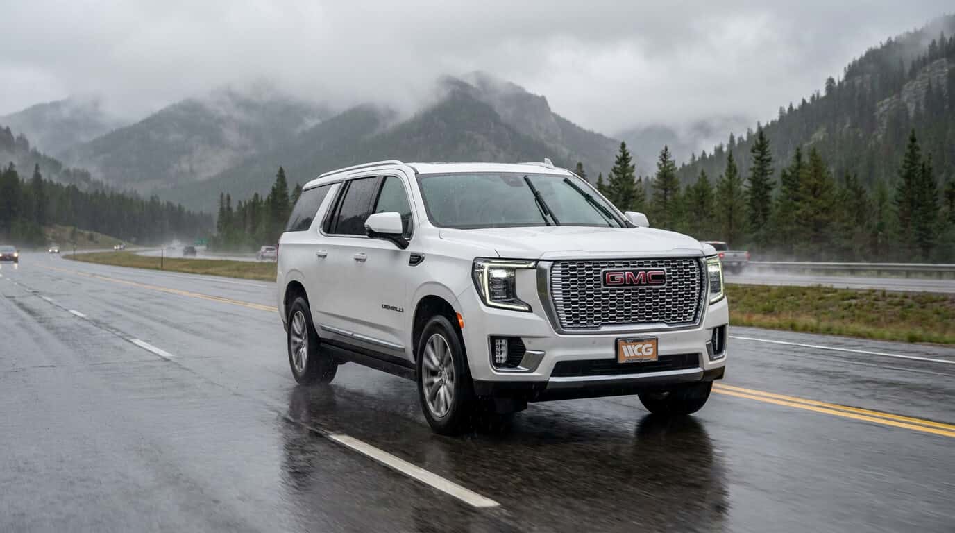 2026 GMC Yukon XL Lane Keep Assist on a wet Colorado highway