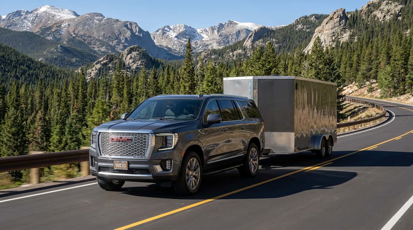 2026 GMC Yukon XL towing a horse trailer in the Colorado mountains