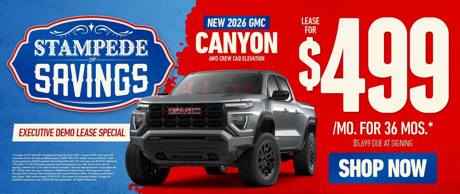 2026 GMC Canyon 4WD Crew Cab AT4 "Executive Demo Lease Special Lease for $499/mo for 36 mos.* $5,699 due at signing"