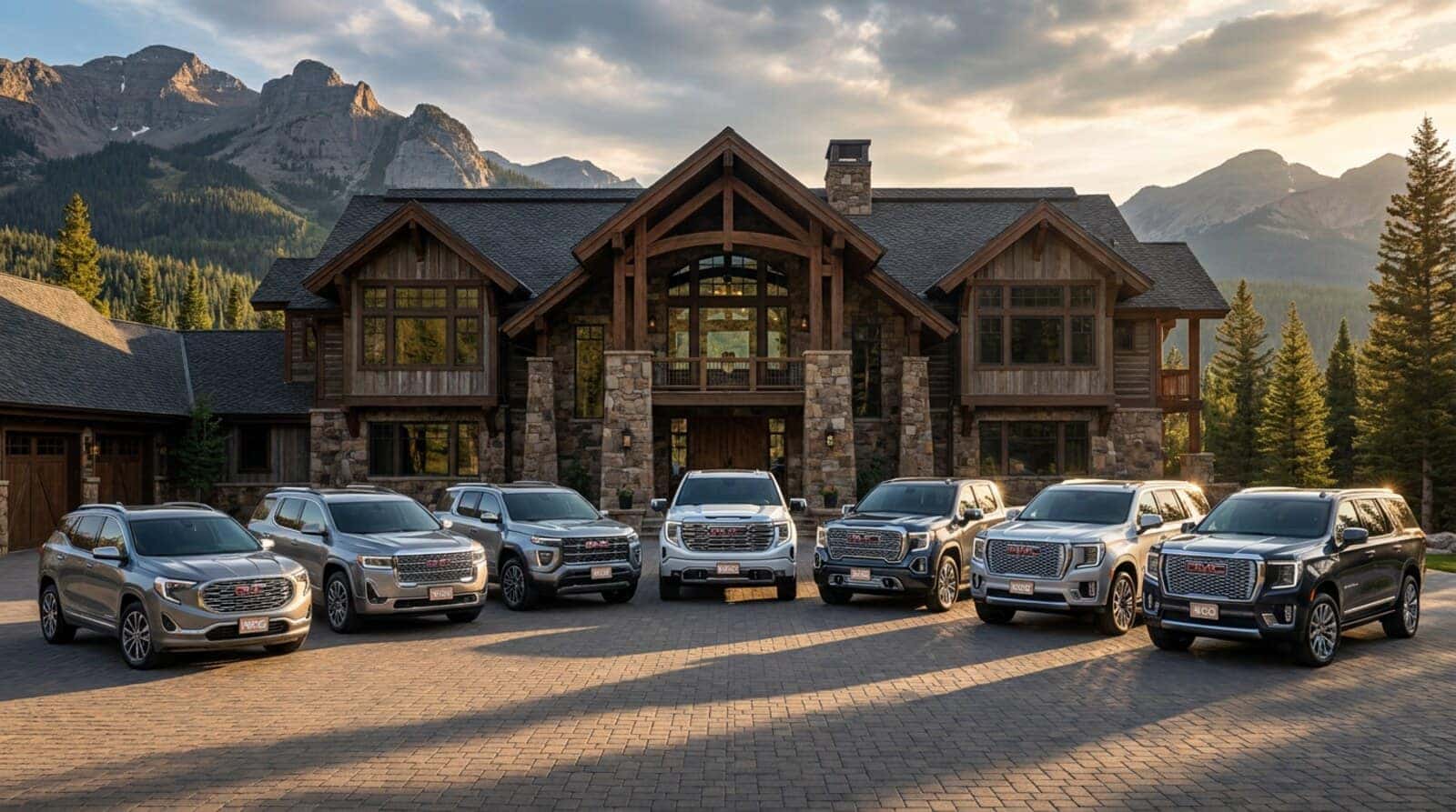 The 2026 GMC Denali lineup in front of a Colorado mountain lodge at Weld County Garage GMC in Greeley