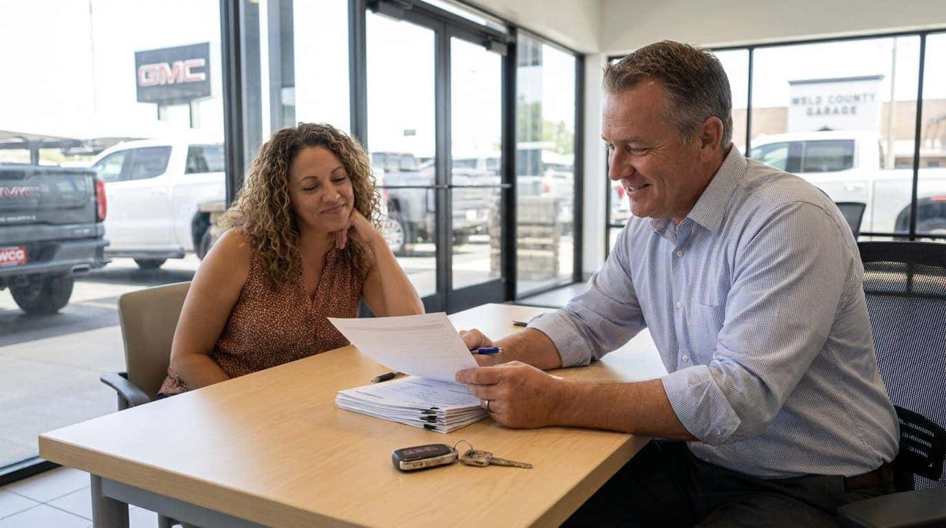 Customer reviewing used-car financing options at Weld County Garage in Greeley, Colorado