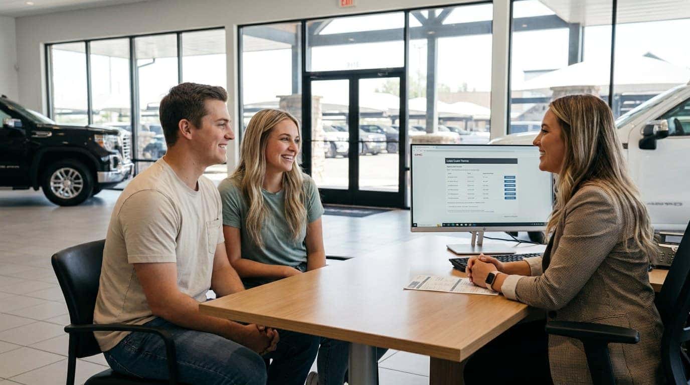 Greeley first-time buyers reviewing used-car loan terms with a Weld County Garage finance manager