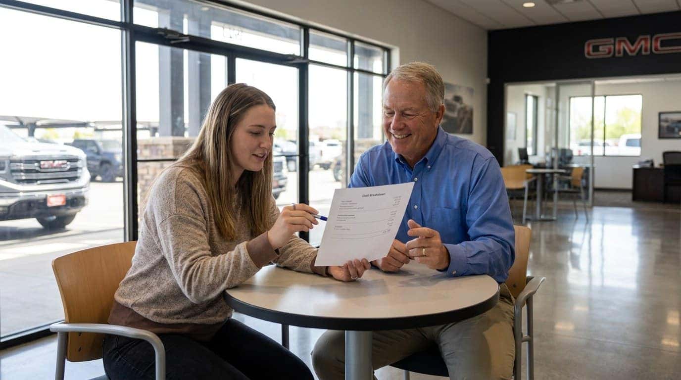 First-time used car buyer reviewing insurance, registration, and maintenance costs with an advisor at Weld County Garage in Greeley Colorado